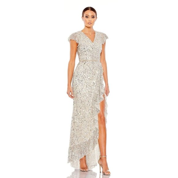 Mac Duggal Dresses & Skirts - SOLD Mac Duggal Size 8 Sequined Faux Wrap Ruffle Cap Sleeve Gown Dress 70113